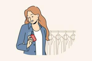 lächelnd Frau tragen Jacke mit Verkauf Etikett im Boutique. glücklich Mädchen Kauf Kleider auf Rabatt oder Beförderung im speichern. Einkaufen und Stil. Vektor Illustration.