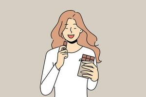 leende flicka äter choklad. Lycklig kvinna njut av ljuv efterrätt, mjölk eller svart choklad bar. vektor illustration.