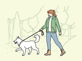 lächelnd Frau Gehen mit Hund auf Leine im Park. glücklich Mädchen genießen gehen mit Hündchen im Natur. Haustier Eigentum Konzept. Vektor Illustration.