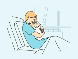 glücklich Frau sitzen im Krankenhaus Bett kuscheln Neugeborene Baby. lächelnd Mutter nach Geburt mit süß unschuldig Kind im Klinik. Mutterschaft. Vektor Illustration.