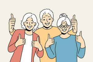 lycklig äldre människor som visar tummen upp njuter mognad. leende gammal farföräldrar känsla optimistisk och positiv. vektor illustration.