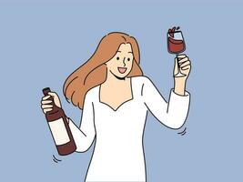 Frau Tänze beim Party halten Flasche von Wein und Glas gefüllt mit exquisit alkoholisch trinken. Mädchen im Weiß Kleid zum Party ist süchtig zu Alkohol und freut sich beim Neu Gelegenheit zu trinken vektor