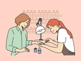 Kosmetikerin machen Maniküre zum weiblich Klient im Salon. Nagel Meister Arbeit mit Frau Kunde im Saloon. Schönheit und Kosmetologie. Vektor Illustration.