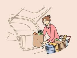 leende kvinna lasta av specerier in i bil trunk från mataffär vagn. Lycklig hemmafru sätta påsar med Produkter och vegetabiliska från affär in i bil. vektor illustration.