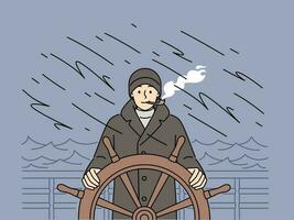 kapten i ytterkläder stående på fartyg styrning hjul rökning rör. leende man segling i hav i storm. marin liv. vektor illustration.