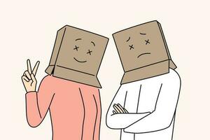 Menschen mit Karton Kisten auf Köpfe aussehen beim Bildschirm mit traurig oder heiter Emotionen. Mann und Frau Pose mit Fälschung Stimmung und Show anders Emotionen versteckt wahr psychologisch oder mental Zustand. vektor