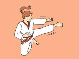 kvinna i kimono utövar karate på ringa. stark kraftfull flicka i särskild enhetlig öva krigisk konst. sport och hobby. vektor illustration.