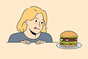 aufgeregt Kind suchen beim köstlich Hamburger auf Tisch. glücklich Mädchen Kind bereit zu Essen lecker Burger. Essen und Ernährung. Vektor Illustration.