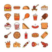 Fast-Food-Abendessen und Menü leckeres Essen und ungesunde Restaurant-Mittagessen-Symbole setzen Linie und Füllstil vektor