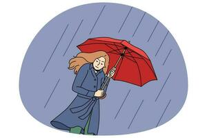 unzufrieden Frau gehen mit Regenschirm im Regen vektor