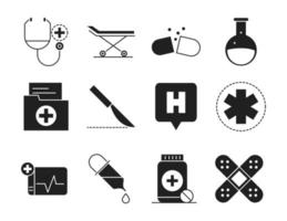 Gesundheitswesen medizinische und Krankenhaus-Piktogramm Silhouette Stil Icon Set vektor