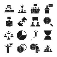 Geschäftsleute Finanzgeld Business Management Entwicklung erfolgreicher Icons Set Linienstil vektor