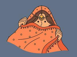 indisch Frau versteckt sich Gesicht hinter National Kleid während traditionell kulturell Ritual oder ethnisch Hochzeit. Hindu Mädchen Modell- im indisch Saree Kleider mit kostbar Schmuck versteckt wollen zu Intrigen Partner vektor