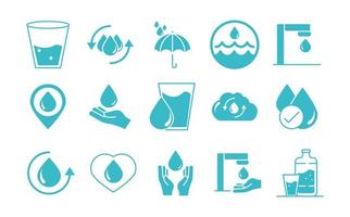 Wassertropfen Natur Flüssigkeit retten Umwelt trinken blaue Silhouette Stil Icons Set vektor