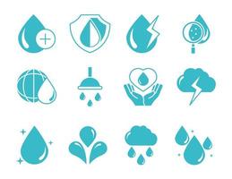 Wassertropfen Natur Flüssigkeit retten Umwelt trinken blaue Silhouette Stil Icons Set vektor