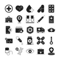 sjukvård medicinsk och sjukhus piktogram siluett stil ikonuppsättning vektor