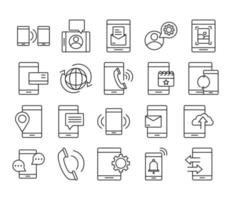 mobiltelefon eller smartphone elektronisk teknik enhet linje stil ikoner set vektor