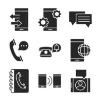 Handy oder Smartphone elektronische Technologie Geräte Silhouette Stil Icons Set vektor