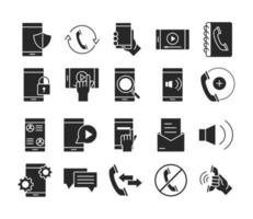 Handy oder Smartphone elektronische Technologie Geräte Silhouette Stil Icons Set vektor