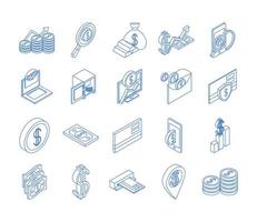 isometrisk pengar kontanter valuta affärsmynt sedlar isolerad på vit bakgrund linjär blå ikoner set vektor