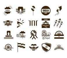 Froher Unabhängigkeitstag Indien Freiheitsfeier nationale Symbole im flachen Stil gesetzt vektor
