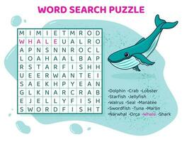 Wort Suche Puzzle mit verschiedene Fisch, Meer und Ozean Tiere. Bildung Spiel zum Kinder. Kreuzworträtsel zum Lernen Englisch Sprache. Karikatur Rechtschreibung Puzzle. Prüfung zum Kinder. Vektor Illustration.