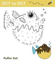 Punkt zu Punkt. Zahlen Spiel. Bildung Mathematik Spiel zum Kinder. Zeichnung Aufgabe zum Kinder. farbig Arbeitsblatt mit süß Puffer Fisch. Freizeit Spiele. Vektor Illustration.