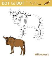 Punkt zu Punkt. Zahlen Spiel. Bildung Mathematik Spiel zum Kinder. Zeichnung Aufgabe zum Kinder. farbig Arbeitsblatt mit süß Gnus. Freizeit Spiele. Vektor Illustration.