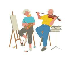 mormor är målning på ett staffli. henne farfar är spelar de fiol. hand dragen illustrationer i realistisk proportioner. vektor