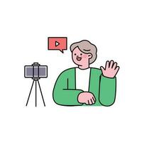 senior livsstil karaktär. ett äldre kvinna video skapare är strömning leva. vektor