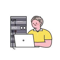 Senior Lebensstil Charakter. ein Alten Mann ist Arbeiten auf ein Computer im das Server Zimmer. vektor