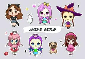 en uppsättning av söt anime flickor illustrationer i olika kläder och hår stilar. isolerat tecknad serie klistermärke packa med söt chibi flickor och djur. vektor klistermärken eller märken för några använda sig av.
