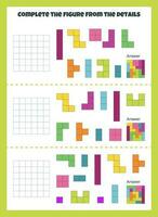 Puzzle Spiel mit bunt Einzelheiten zum Kinder. Komplett das Quadrat, Bildung Spiel zum Kinder mit Blöcke, Arbeitsblatt Aktivität, Aufgabe zum das Entwicklung von logisch Denken. Vektor Illustration