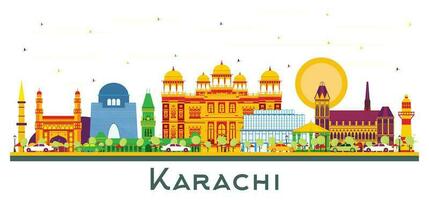 karachi pakistan stad horisont med Färg landmärken isolerat på vit. vektor