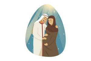 kärlek, par, graviditet, familj begrepp. ung Lycklig man muslim pojkvän Make stående med leende gravid kvinna fru flickvän arab med hijab kramas tillsammans. mors dag och moderskap. vektor
