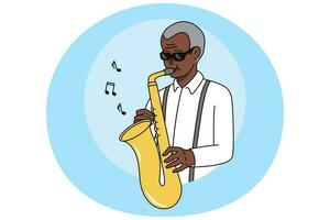 afrikanisch amerikanisch Mann spielen auf Saxophon. schwarz Jazzman im Brille abspielen Jazz auf Musical Instrument. Musik- und Kunst Konzept. Vektor Illustration.