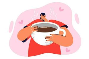 schläfrig Mann mit Tasse von Kaffee atmet ein Aroma von belebend Getränk, wollen zu trinken groß Portion von Espresso. Kerl Getränke Kaffee zu erhalten loswerden von Schläfrigkeit und dazugewinnen Stärke Vor Arbeiten Tag vektor
