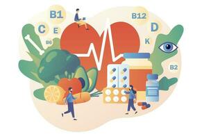 Ernährungsberater Konzept. gesund Lebensmittel. winzig Menschen verbrauchen gesund organisch Ernährung. Vitamine im Produkte, Grün und Gemüse. modern eben Karikatur Stil. Vektor Illustration auf Weiß Hintergrund