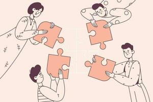 Zusammenarbeit, Zusammenarbeit, Zusammenarbeit Konzept. Büro Arbeitskräfte Putten bunt Stücke von Puzzle zusammen im einer Bild im Geschäft Vektor Illustration
