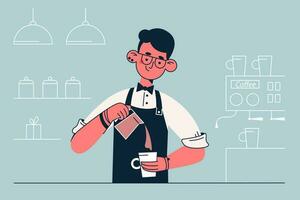 Barista under arbete begrepp. ung leende man Barista tecknad serie karaktär arbetssätt på cafeteria framställning kaffe för klient vektor illustration