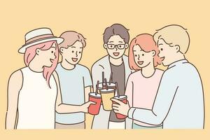 Gruppe von jung Jungs und Mädchen trinken Getränke während Urlaub Party von Einweg Tassen mit Stroh. Jugend Jugendliche haben gut Zeit zusammen genießen chatten mit freunde beim Urlaub Party vektor