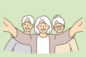 lächelnd Alten Menschen posieren nehmen Selfie zusammen Video aktiv Lebensstil und genießen Ruhestand. Alten Männer und Frauen verbringen Zeit zusammen während Treffen von ehemalige Kollegen oder Klassenkameraden vektor