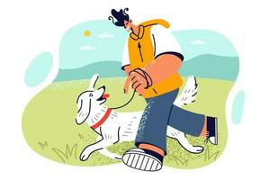 Mann Spaziergänge Hund im Park, führen Haustier auf Leine und genießen warm Wetter und sonnig Tag. lächelnd Teenager Kerl Gehen auf Gras mit freundlich Hündchen zum Konzept von Liebe zum Hund oder Haustier Pflege vektor