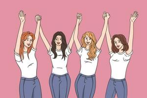 Lycklig flickor har roligt tillsammans begrepp. fyra ung Lycklig Söt flickor tecknad serie tecken i vit t-tröjor och jeans stående med Uppfostrad händer fira vinna tillsammans vektor illustration