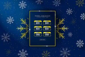 guld och blå uppkopplad jul voucher ge bort baner på dekorativ jul bakgrund med affär nu cta knapp. bunt av uppkopplad kuponger med pris rabatt och fri frakt leverans. vektor, vektor