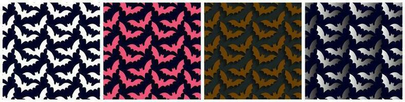 uppsättning av 4 sömlös mönster av pop- upp flygande fladdermus silhuetter med skuggor för perspektiv på mörk bakgrunder. mönster av 3d flygande fladdermöss. färgrik halloween mönster samling. vektor illustration.