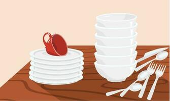 vit keramisk skål och tallrik stack på trä tabell vektor illustration uppsättning. kök hushåll begrepp. bestick vektor uppsättning. lugg av skål och tallrik. rena maträtter uppsättning. porslin uppsättning