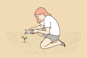 Teenager Mädchen Bewässerung Pflanzen wachsend von trocken Boden oder im brauchen von Feuchtigkeit fällig zu Mangel von Regen. Pflege Frau ist versuchen zu wachsen Baum Das ist Sterben fällig zu verschmutzt Natur und Klima Veränderung vektor