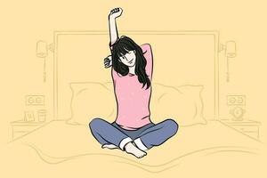 avslappning och har resten på Hem begrepp. ung Lycklig kvinna i pyjamas stretching henne vapen och leende Sammanträde på säng känsla avslappnad vektor illustration