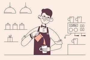 Barista während Arbeit Konzept. jung lächelnd Mann Barista Karikatur Charakter Arbeiten beim Cafeteria Herstellung Kaffee zum Klient Vektor Illustration